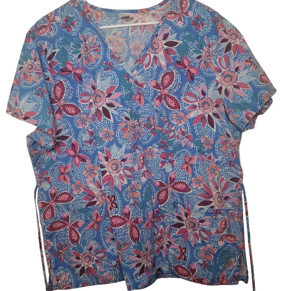 Just Be Blue Butterfly Floral Scrub Top with Drawstrings